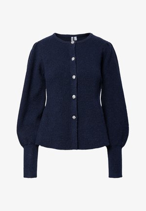 Granatowy dzianinowy kardigan z okrągłym dekoltem, długimi bufkowatymi rękawami, pięcioma ozdobnymi guzikami i delikatnie rozszerzanym dołem. Miękka faktura.