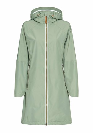 Light green rain jacket with adjustable hood, full front zipper, and two side zippered pockets. Features sleek, smooth fabric and minimalist design.