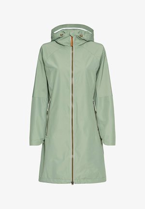 Hellgrüne Regenjacke mit verstellbarem Kapuze, durchgehendem Reißverschluss und zwei seitlichen Reißverschlusstaschen. Sie verfügt über einen eleganten, glatten Stoff und ein minimalistisches Design.