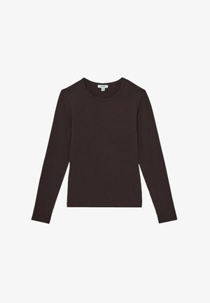 Cămașă lungă cu mânecă, de culoare maro închis, cu guler rotund, design simplu, așezată pe un fundal alb.