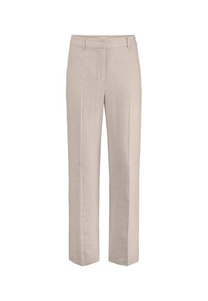 Pantaloni beige in lino a gamba dritta con passanti per cintura, cerniera frontale e dettaglio piega, esposti su uno sfondo bianco.