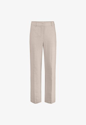 Beige Leinenhose mit geradem Bein, Gürtelschlaufen, vorderem Reißverschluss und Bügelfalte, dargestellt auf weißem Hintergrund.