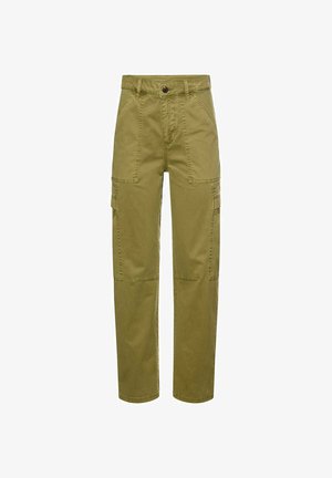 Olivengrønne cargobukser med høj talje, flere sidelommer, syede detaljer og tilspidsede ben i et robust bomuldsmateriale.