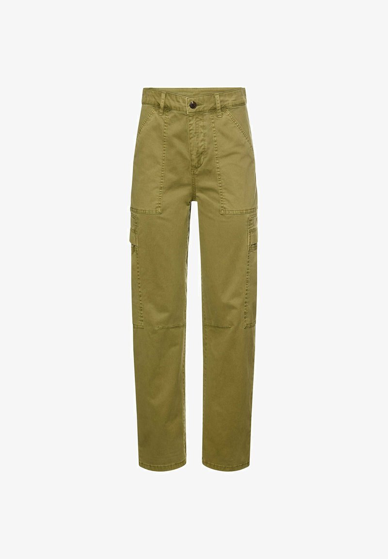 Olive green cargo pants with a high waist, multiple side pockets, stitched detailing, and tapered legs in a sturdy cotton material.
