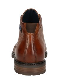 Braune Leder-Ankle-Boots von hinten betrachtet, mit einem gestapelten Absatz und elastischen Seitenpaneelen für einfaches Hineinschlüpfen.