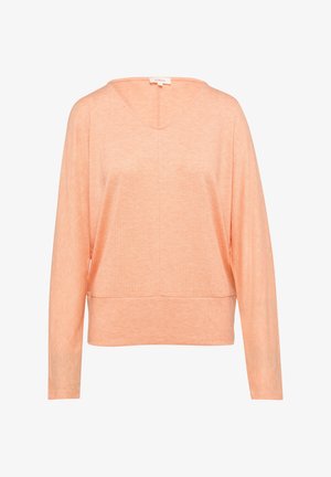 Chandail de couleur pêche avec des manches longues, décolleté en V, coupe décontractée et tricot texturé. Comprend des fentes latérales à l'ourlet pour faciliter les mouvements.