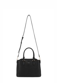 Borsa a mano in pelle nera con doppie maniglie e tracolla rimovibile. Presenta una superficie testurizzata e dettagli in metallo dorato.