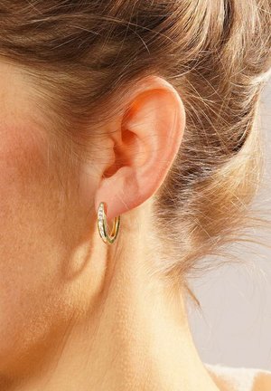 Gold hoop earring with a textured surface and a row of small clear stones. Earring is attached to an ear in a side profile view.