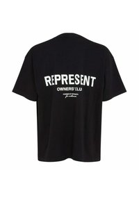 Camiseta de algodón negra con gran texto blanco "REPRESENT OWNERS' CLUB" en la parte posterior. Diseñada con mangas cortas y un corte relajado.