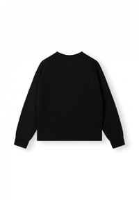 Felpa nera a maniche lunghe con collo a giro, caratterizzata da una silhouette rilassata e polsini a costine. Senza marchi o motivi visibili.
