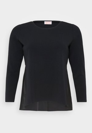 Black long-sleeve top with round neckline, featuring a subtle sheen on the sides and a high-low hem design for a layered effect.