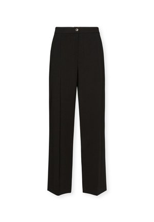 Pantaloni neri a gamba larga, realizzati in un tessuto liscio, presentano un bottone frontale e pieghe doppie. Il design è tagliato con una forma dritta.