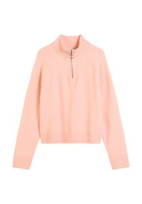 Jasnoróżowy sweter z wysokim kołnierzem, zamkiem błyskawicznym do jednej czwartej z przodu oraz ściągaczami u dołu i na mankietach. Wykonany z miękkiego materiału dzianinowego.