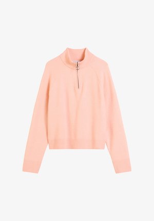 Helles rosa Sweatshirt mit hohem Kragen, Viertelreißverschluss vorne und geripptem Saum sowie Bündchen. Hergestellt aus einem weichen Strickmaterial.