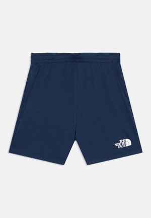 Șorturi atletice bleumarin cu talie elastică și buzunare frontale, având logo-ul alb The North Face pe partea inferioară a piciorului stâng.