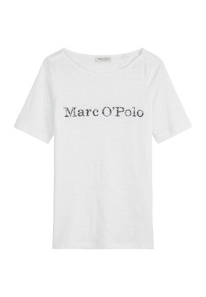 Witte korte mouwen t-shirt gemaakt van zachte stof met het "Marc O'Polo" logo in vervaagd zwart drukwerk op de voorkant. Ronde halslijn.