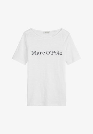 T-shirt blanc à manches courtes en tissu doux, avec le logo "Marc O'Polo" imprimé en noir délavé sur le devant. Encolure ronde.