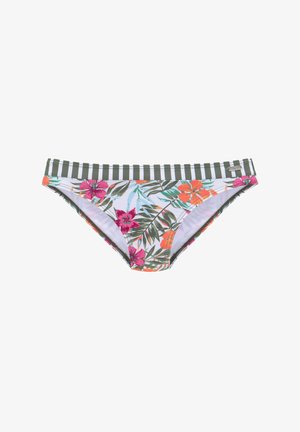 Bloemige bikini onderkant met roze en oranje bloemen op een witte achtergrond, omrand door een gestreepte groene tailleband. Gladde textielafwerking.