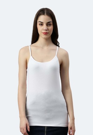 Weißes Baumwoll-Tanktop mit dünnen Spaghettiträgern, das einen Rundhalsausschnitt und ein enganliegendes Design aufweist. Glatte Textur ohne sichtbare Muster.