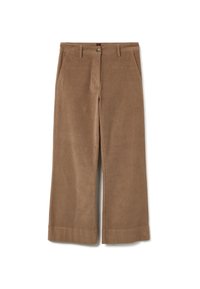 Pantalones de pana marrones con un diseño de pierna recta, que cuentan con bolsillos frontales y cierre de botón. Textura suave y ligero brillo.