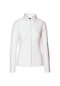 Jasnoróżowa koszula z gładkiego materiału, z klasycznym kołnierzykiem, długimi rękawami i dopasowanym krojem z zapięciem na guziki.