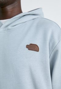 Felpa con cappuccio azzurro con patch logo marrone "The North Face" sul petto, indossata da una persona con pelle scura, ritagliata a livello del collo e della spalla.