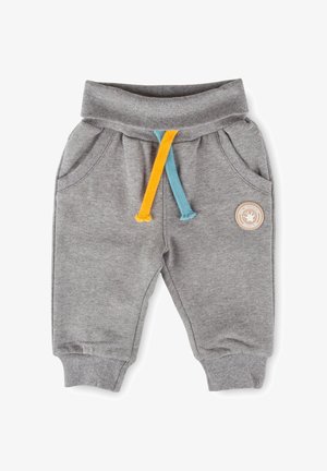 Graue Sweatpants für Kleinkinder mit geripptem Bund und Bündchen, gelben und blauen Zugbändern, seitlichen Taschen und einem runden Logoaufnäher am rechten Bein.