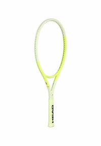 White tennis racket with a yellow accent, oval head shape, and a textured grip handle. Brand logo is visible on the shaft.