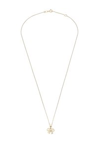 Goldfarbene Halskette mit einer zarten Kette und einem bogenförmigen Anhänger, der einen zentralen klaren Kristall enthält. Anhängergröße etwa 1,5 cm.