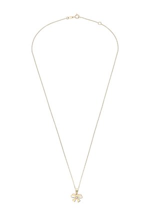 Goldfarbene Halskette mit einer zarten Kette und einem bogenförmigen Anhänger, der einen zentralen klaren Kristall enthält. Anhängergröße etwa 1,5 cm.