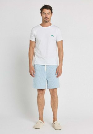 Homme portant un t-shirt blanc avec un petit logo de voiture verte, un short rayé bleu et blanc avec cordon, et des chaussures beiges à enfiler, debout.