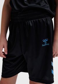 Zwarte sportshorts met een gladde textuur, voorzien van een blauw Hummel-logo en driehoekige blauwe accenten aan de linkerkant. Elastische tailleband.