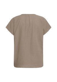 Blusa beige a maniche corte con vestibilità boxy e dettaglio plissettato centrale sulla schiena, mostrata su uno sfondo bianco.