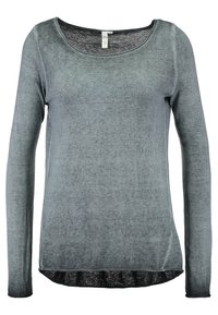 Grå långärmad topp med rundad halsringning, som har en mjuk, något genomskinlig textur och en svart söm nertill.