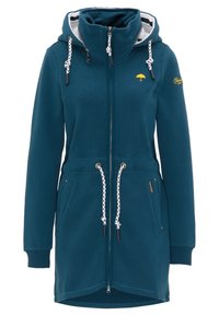 Felpa con cappuccio teal, dotata di zip frontale, laccetti bianchi, due tasche laterali e un logo a ombrello giallo sul petto. Tessuto morbido.