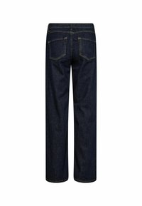 Mörkblå denimjeans, vid bendesign, med två bakfickor, gul söm och rak fåll. Har en klassisk femficksstil.