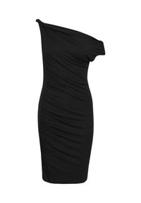 Schwarzes, einseitig tragbares Kleid aus elastischem Stoff, das an der Seite mit Raffung für eine strukturierte Optik und eine figurbetonte Silhouette sorgt.