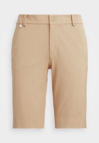 Beige skräddarsydda shorts gjorda av en bomullsblandning. Har en knappstängning, framfickor och en rak passform med en mjuk yta.