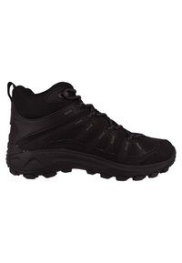 Schwarze Wanderstiefel mit einer robusten Gummisohle, Netzpaneelen und verstärkten Schnürösen. Mittelhohe Ausführung für Knöchelstütze.