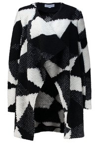 Cappotto a motivi bianco e nero con un tessuto testurizzato e intrecciato. Presenta un design aperto e morbido e un colletto largo.