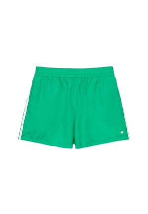 Zielone krótkie spodenki sportowe z elastyczną talią i białymi paskami po bokach, pokazane rozłożone na białym tle.