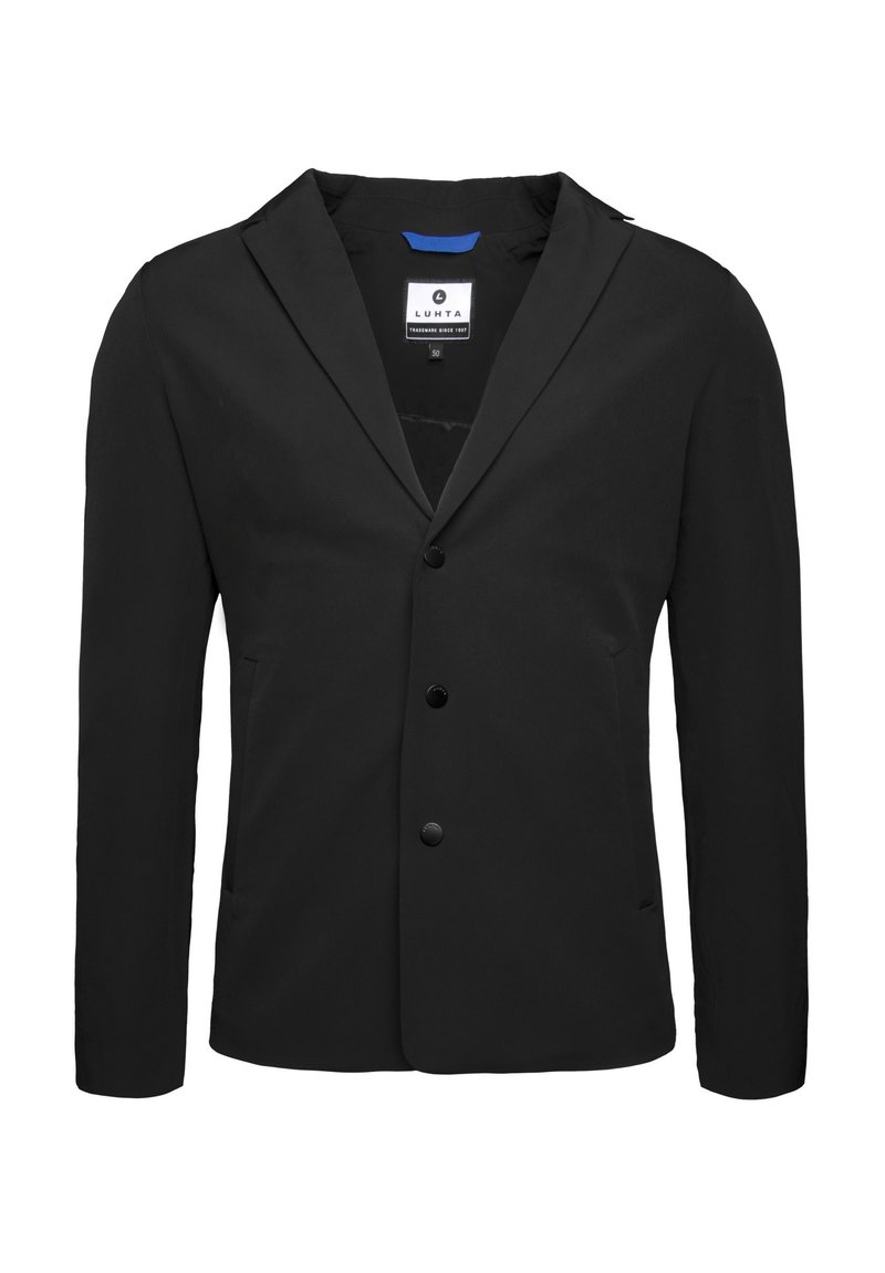 Sort blazer med struktureret krave, enkeltbrystet design, tre knapper og to sidelommer lavet af glat, letvægtsstof.
