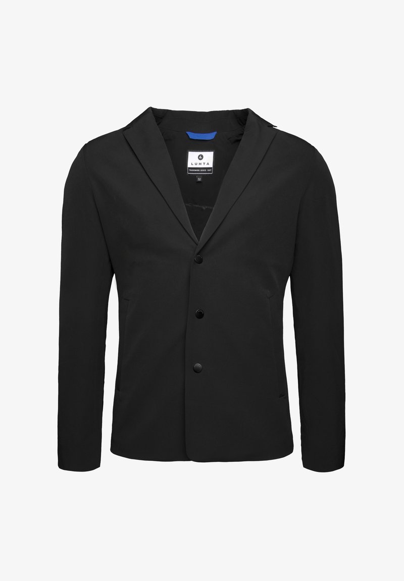 Blazer noir avec un col structuré, design à boutonnage simple, trois boutons et deux poches latérales, fabriqué en tissu lisse et léger.