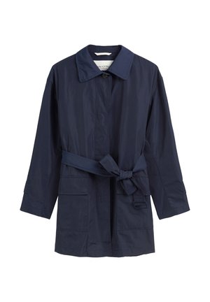 Navy blue trench coat made of lightweight fabric, featuring a notched collar, front pockets, and a waist tie for adjustable fit.