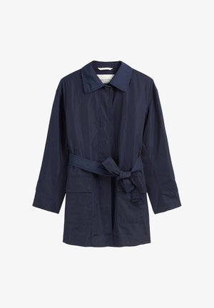 Navy-blau trenchcoat aus leichtem Material, mit einem Reverskragen, Vorderaschen und einem Taillengürtel für eine verstellbare Passform.