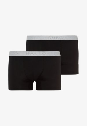 Bóxer negro de tela suave, con una cinturilla elástica gris en la que está impreso el nombre de la marca "HANRO" en gris claro. Se incluyen dos pares.