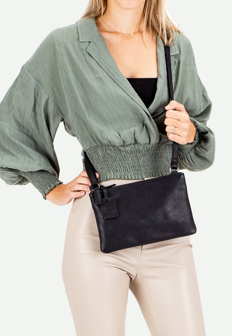 Black leather crossbody bag with a textured finish, rectangular shape, detachable strap, and a small tag attached to the zipper.