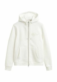 Witte zip-up hoodie van zacht, textuurstof. Voorzien van een capuchon met trekkoord, voorkant met kangoeroe-pockets en een tonale logo op de borst.