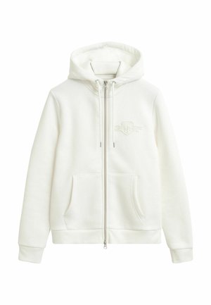 Witte zip-up hoodie van zacht, textuurstof. Voorzien van een capuchon met trekkoord, voorkant met kangoeroe-pockets en een tonale logo op de borst.