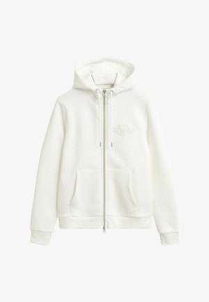 Witte zip-up hoodie van zacht, textuurstof. Voorzien van een capuchon met trekkoord, voorkant met kangoeroe-pockets en een tonale logo op de borst.